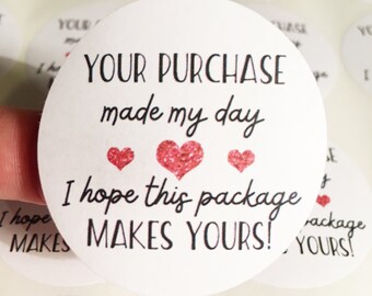 Small business thank you stickers. Made my day labels. Happy mail, happy post, laser printed. 45mm round stickers. Heart branding stickers