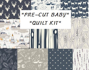 Baby Boy Quilt Kit, Woodland Nursery, Quilting Cotton, Quilting Squares, Teepees, Antlers, Elk, Navy Blue, Gray deer