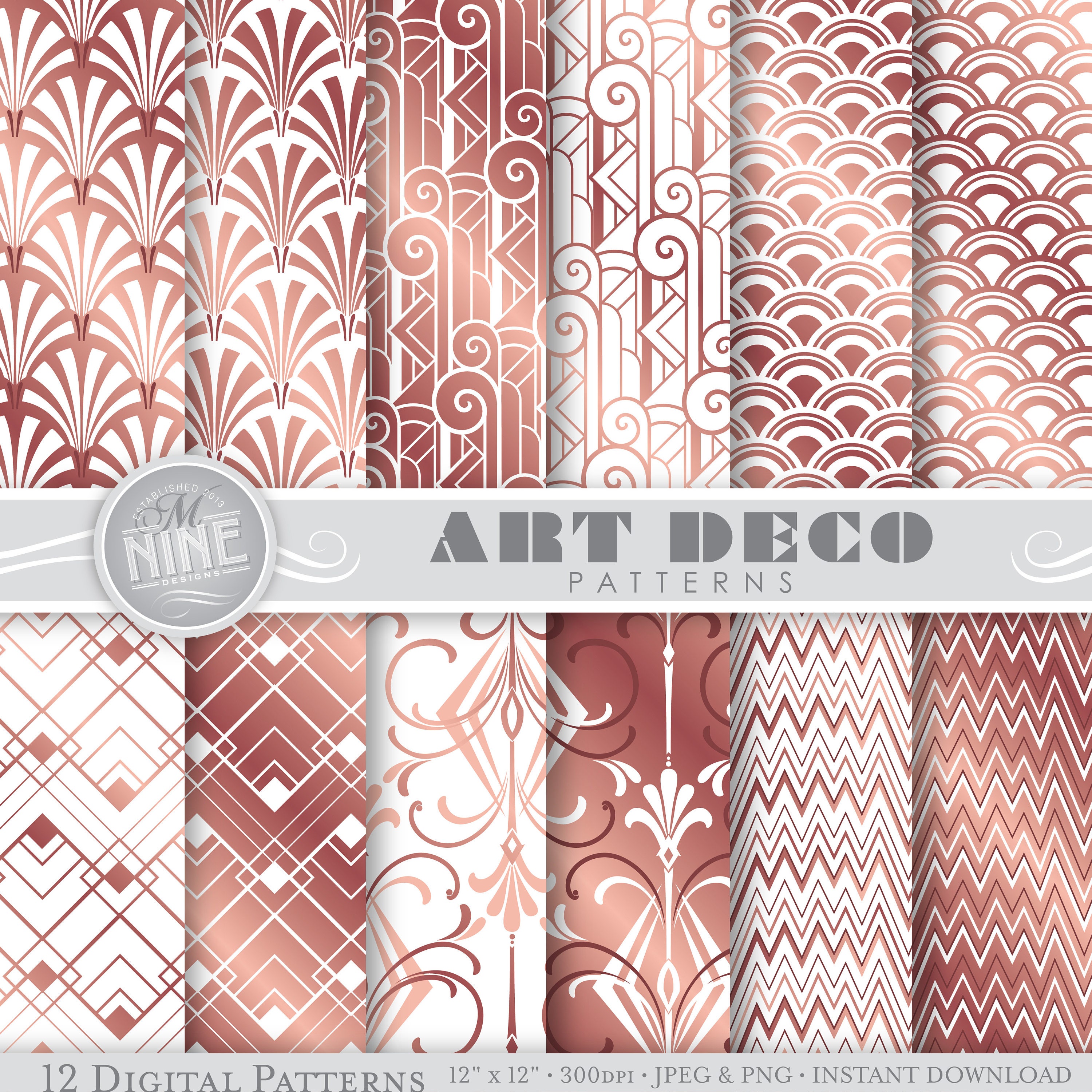 Rose Gold ART DECO Digital Paper / Rose Gold Art Deco Patterns Pattern