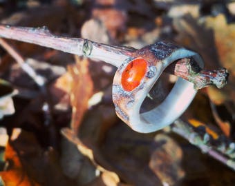Real antler ring with inlaid amber