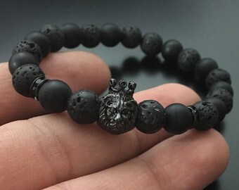 Black matte bracelet head of king lion, natural stones bracelet