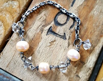 Sterling Silver and freshwater pearl bracelet with herkimer diamond quartz