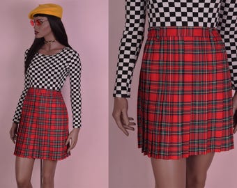 80s High Waisted Plaid Pleated Skirt/ 24-28 Waist/ 1980s/ Tartan/ Clueless