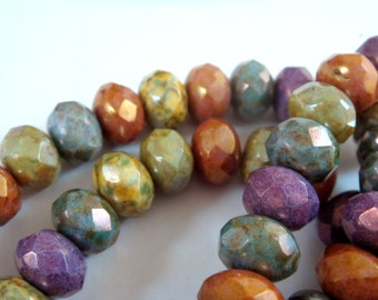 25 Opaque Picasso Luster Czech Beads Autumn Gemtone Rondelle Assortment 9x6mm 1mm hole - Full Strand - 25 pc - G6041-MIX25