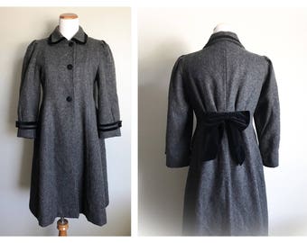 Vintage Rothschild Grey Black Wool Coat Girl's Dress Coat with Black Velvet Bow Victorian Style Coat USA Children's Winter Coat Size 12 RARE
