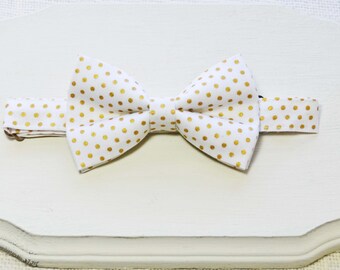 White and Gold dot Bow Tie boys bow tie, infant bowtie,toddler bowtie,mens bowtie,groomsmen bowtie, gold bow tie, white bow tie