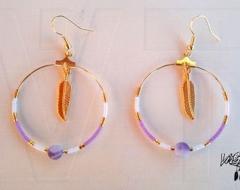 Hoop earrings, feathers, semi precious stone, banded agate, miyuki beads, gold plated 24 CT, is handmade, jewelry, gift for her
