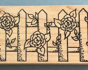 New Rose Flower Fence Border Wood Mounted Rubber Stamp Parked on Rubber