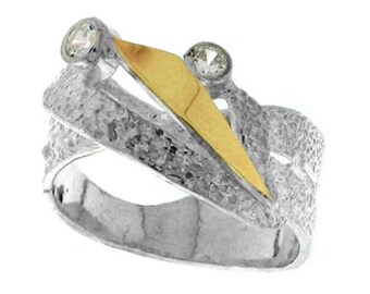 Silver and Gold ring, Clear CZ Ring, Womens silver ring, Unique silver ring, handmade