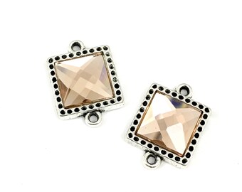 2 square connector silver tone and glass cabochon 20mm x 27mm .CON 006