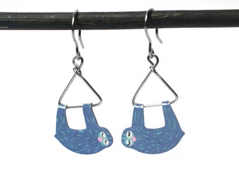 Handpainted Sloth Earrings, Sloth Jewelry, Animal Earrings, Animal Jewelry, Funny Earrings, Funny Jewelry, Whimsical Quirky Jewelry