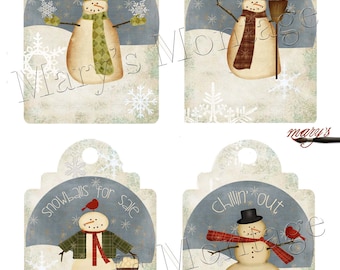 Snowman Tags, large 4 on 8.5 x 11 sheet, download & print
