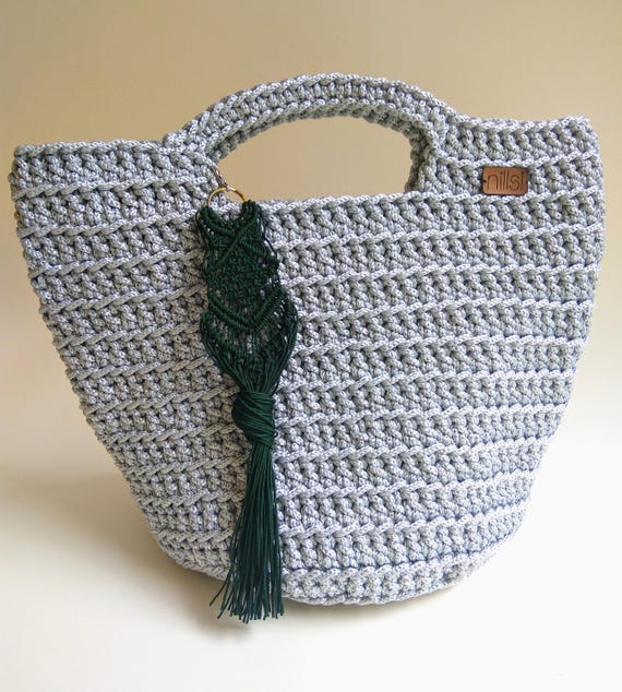 Silver Crochet Bag Knitted Rope Bag Market bagCrhochet Big
