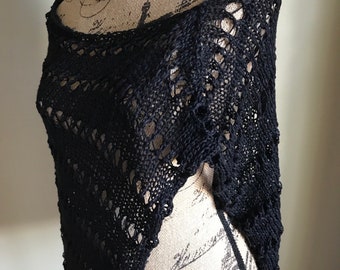Hand Knit Sweater Poncho, Black Hand Knit Women Dress Cover, Loose knitted bolero, Shawl for her, soft shoulder warmer