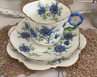 Aynsley Flower Handle teacup saucer plate trio AF