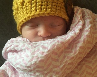 Crochet Baby Beanie with Flower or Wooden Button