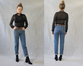 Elegant see-through blouse with embroidery ornaments