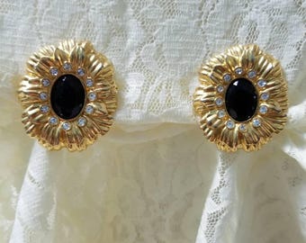 Kenneth Jay Lane for Avon Goldtone Flower Shape with Rhinestones and faceted black center