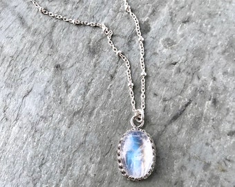 Moonstone Necklace, Oval Crown Bezel Pendant, Gemstone Pendant, Sterling Silver, Blue Flash, Satellite Chain, Rainbow Moonstone Cabochon