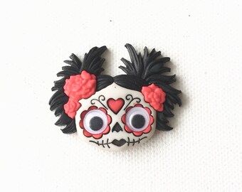 Day of the Dead Pin, Sugar Skull Head Pin, Day of the Dead Pinup Girl, Brooch, Halloween Jewelry, Dia de los Muertos, Skeleton Face