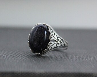 Blue Goldstone Ring. Antique Silver or Antique Brass