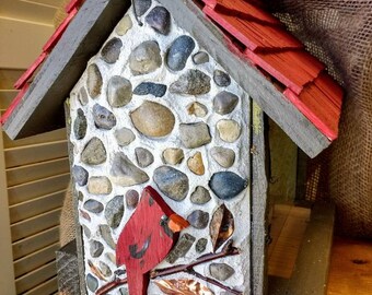 Unique Stone bird feeder with cardinal and chickadee. Easy fill and hanger included. Handmade in Michigan and we ship fast!