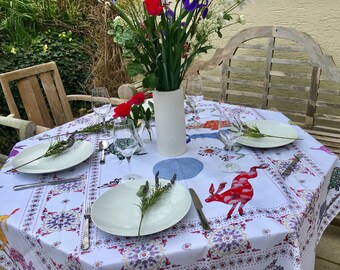 Hare tablecloth Cotton tablecloth printed tablecloth Designer Rabbot table linen by MollyMac - Contemporary design for dinner parties