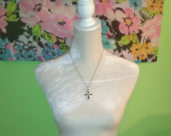 Sapphire and Pearl Blue Enamel Cross Necklace