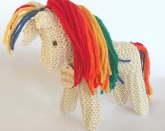 Rainbow Unicorn, Earth Pony, Waldorf Toy, Stuffed Animal Horse, Eco Kids Toy, HandKnit, All Natural Childrens Toy