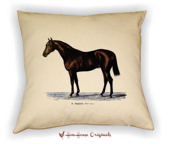 Vintage Horse Pillow Cover Color Engraving 19th Century