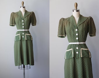 1930s Dress - Vintage 30s Dress - Olive Green Polka Dot Puff Sleeve Rayon Dress w Pockets Size M