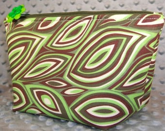 Wedge Bag on Sale: retro flames fabric zippered makeup bag, accessories pouch, cosmetic bag, green and brown hippie bag
