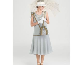 Cute 1920s linen dress in grey & olive green with bow on shoulder, 1920s flapper dress, 1920s high tea dress, Great Gatsby dress, 20s dress