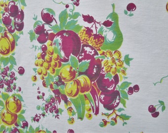 Vintage Tablecloth Broderie Fruit Printed Table Cloth Purple Yellow Jadeite Green 1940's Dining Kitchen Textiles Vintage Linens
