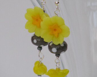 April Showers Earrings - birds glass primrose grey yellow silver unique handmade artisan spring