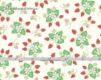 Strawberry Plants Fabric, Strawberry Quilt Fabric, Red Rooster Fabrics Country Days 26624, Heidi Boyd, Red & Pink Strawberry Cotton Fabric