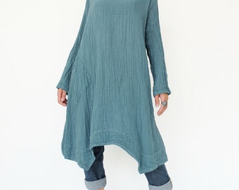 NO.201 Teal Blue Double Cotton Gauze Long Sleeves Tunic Dress, Boat-Neck Dress, Stitch Detail Tunic, Women's Tunic