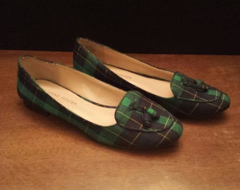 Julianne Hough Plaid Flats for Solesociety Green Blue Yellow Tassels Size 6.5 6 1/2 36.5 36 1/2