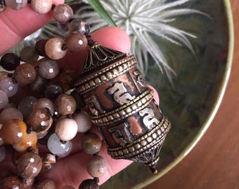 Chocolate (Black) Sunstone, Sunstone + Tibetan Prayer Wheel Mala | 108 Bead | Handknotted | Spiritual Junkies | Yoga + Meditation