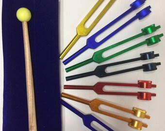 7 Colored Chakra Spectrum Weighted Therapy Healing Tuning Forks with Mallet and Velvet Pouch