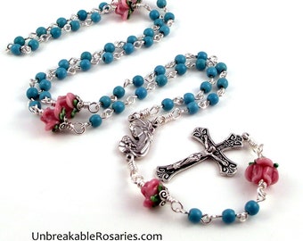 Virgin Mary and Child Rosary Beads In Turquoise Magnesite w Pink Lampwork Roses by Unbreakable Rosaries
