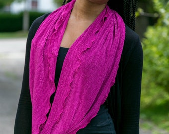 Pink Raspberry Ruffled Infinity Scarf Fuschia Crinkle Shimmer Ruffle Cowl