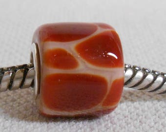 Glass Lampwork Bead Giraffe Print Beige and Brown Silver Cored Large Hole Bead