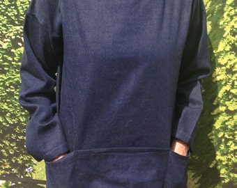 Artist's smock in denim, reversible so pockets can be worn either back or front, available in all sizes