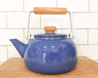 Vintage Blue Kettle, Enamel Teapot with Timber handle