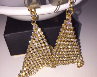 Gold Crystal Mesh Triangle Earrings, mesh earrings, crystal mesh