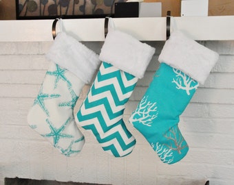 Turquoise Ocean Christmas Nautical Christmas Stocking Coastal Ocean Sea Friends Isadella Chevron no.520 no.562 no.582