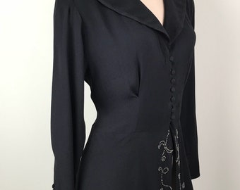 Vintage 1940s Black Crepe Dress With Seed Bead Detail Size M