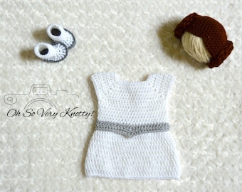 Handmade Princess Leia Inspired Baby Costume/ Crochet Princess Leia Wig, Dress & Booties/Star Wars Costume/Princess Photo Prop