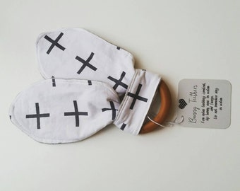 Bunny Teether - Natural Bunny Teething Ring - Organic Wood Teether - Baby Shower Gift - Bunny Ear Toy - Black White Baby Toy
